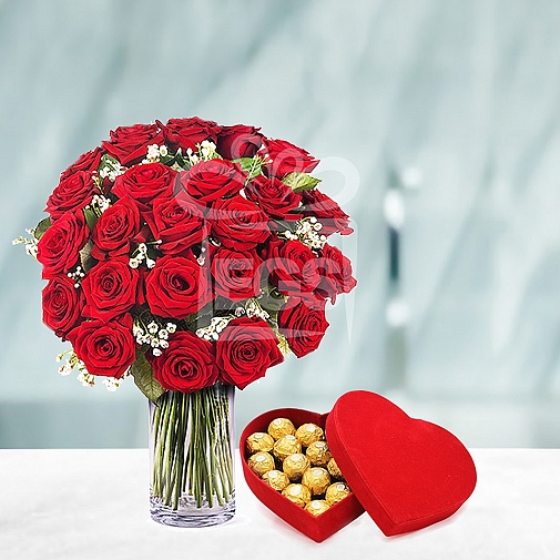 24 Imported Roses and Ferrero Heart