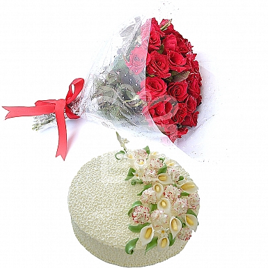 24 Red Rose with 3Lbs Cake - Armeen Designer