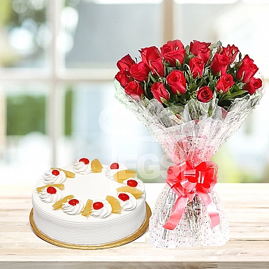 24 Red Roses with 2Lbs Cake - Islamabad Hotel