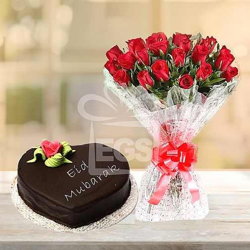 24 Red Roses with 2Lbs Eid Day Cake - Marriott Hotel