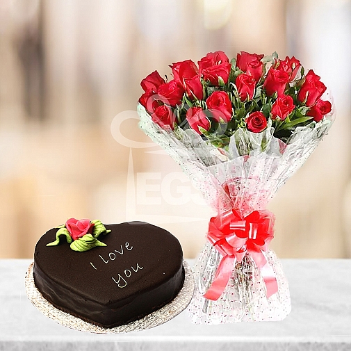 24 Red Roses with 2Lbs Heart Shape Cake - PC Hotel