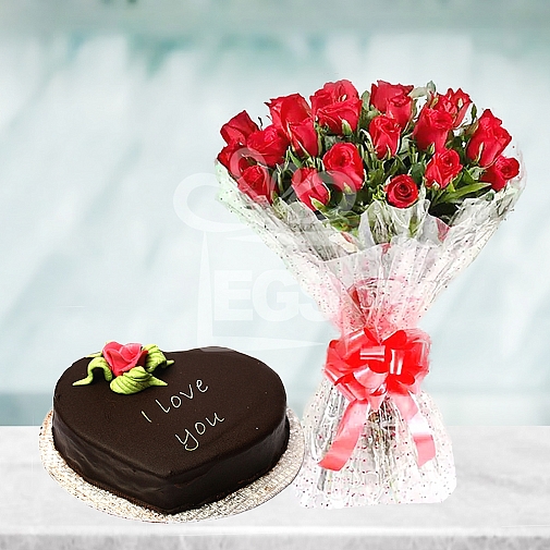 24 Red Roses with 2Lbs Heart Shape Cake - Serena Hotel