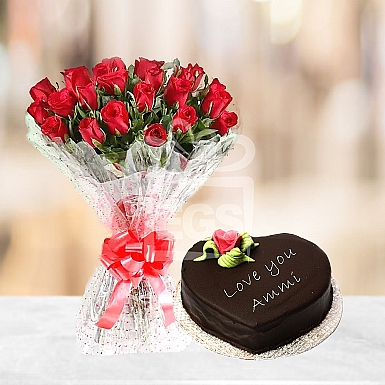 24 Red Roses with 2Lbs Heart Shape Mothers Day Cake - Serena Hotel