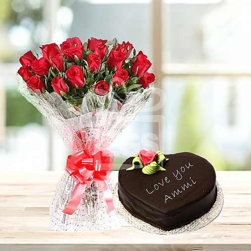 24 Red Roses with Heart Shape Mothers Day Cake - PC Hotel