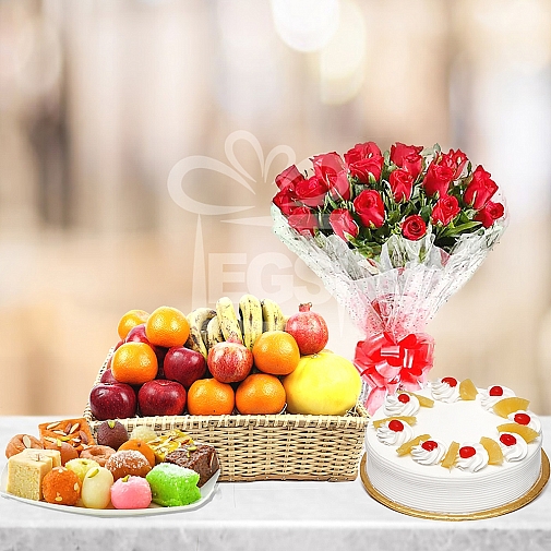 24 Red Roses 2Lb Cake 2KG Mithai and Fruit