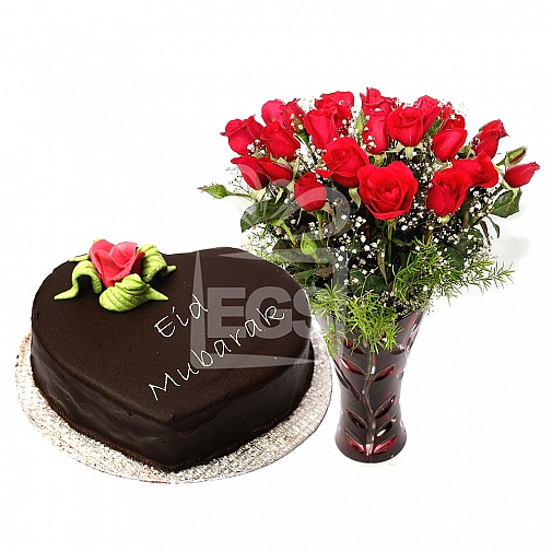 24 Red Roses with 2Lbs Eid Day Cake - Serena Hotel