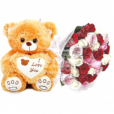 36 Mix Roses Bunch with Teddy