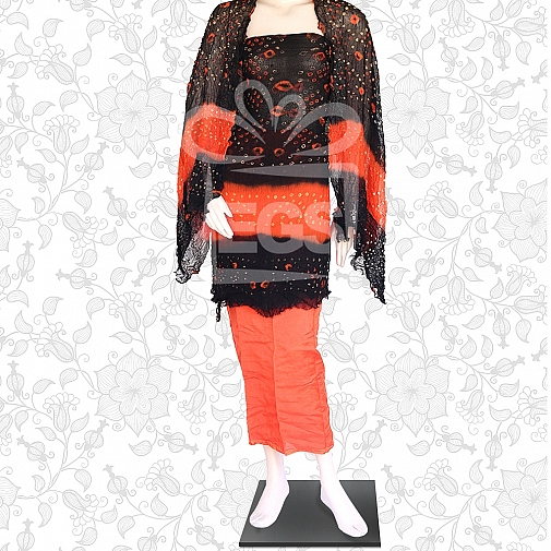 Black and Orange Crinkle Chiffon Chunri Dress-Unstitched