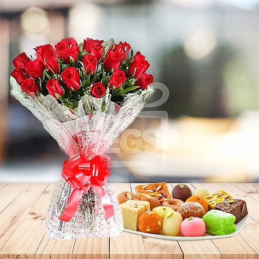 Bunch Of Red Roses + 2KG Mithai