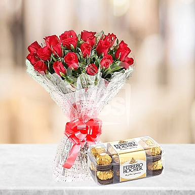 Bunch Of Red Roses + Box of Ferrero Rocher