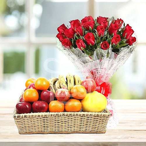 Bunch Of Red Roses and Fruit Basket