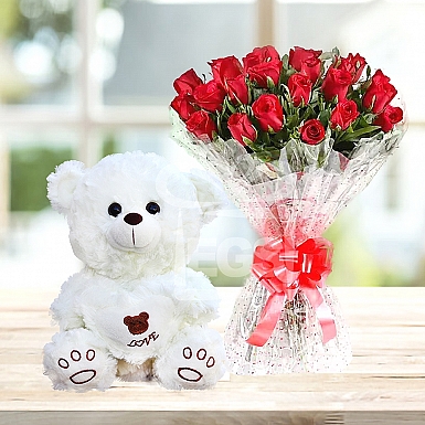 Bunch Of Red Roses and Teddy Bear