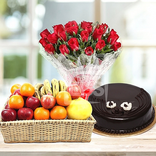 Bunch Of Red Roses 2Lb Cake and Fruits