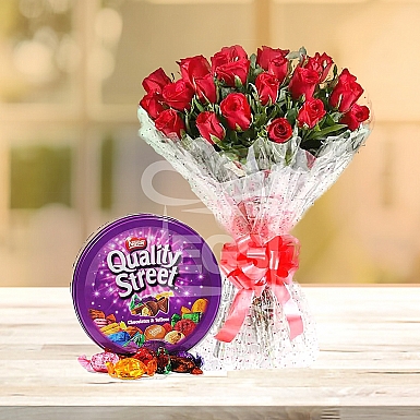 Bunch of 24 Red Roses and Quality Street Chocolate 240grams