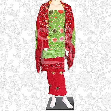 Light Green and Red Linen Chunri Dress-Unstitched