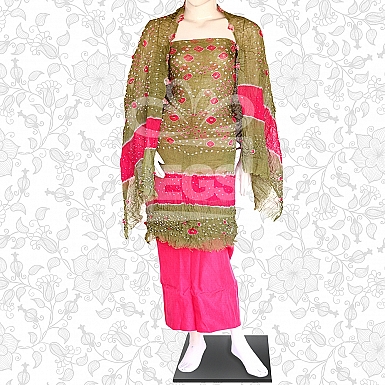 Mehndi and Pink Crinkle Chiffon Dress-Unstitched