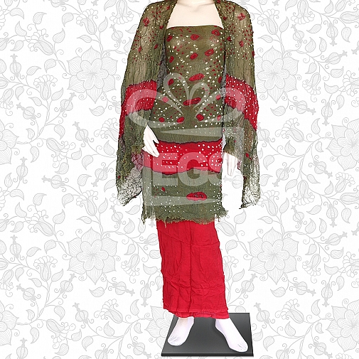Mehndi and Red Crinkle Chiffon Dress-Unstitched