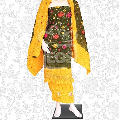 Mehndi and Yellow Linen Chunri Dress-Unstitched