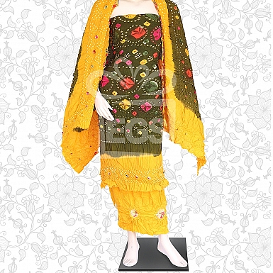 Mehndi and Yellow Linen Chunri Dress-Unstitched