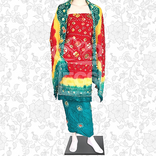 Red Yellow and Green Linen Chunri Dress-Unstitched