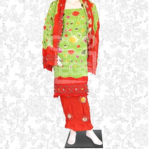 Red and Parrot Green Linen Chunri Dress-Unstitched
