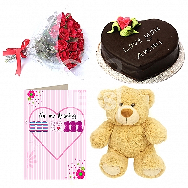 Flowers + Cake + Teddy Bear + Mum Card Gift Combo