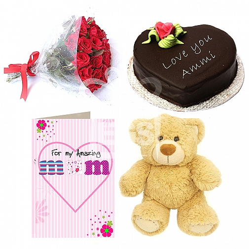 Flowers + Cake + Teddy Bear + Mum Card Gift Combo