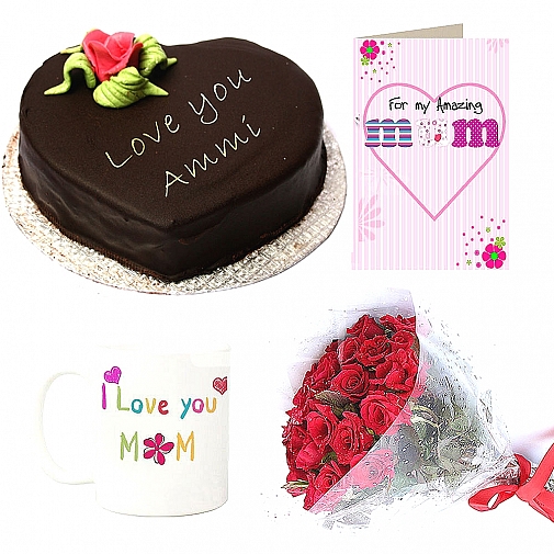 Flowers + Cake + Mum Mug + Mum Card Gift Combo