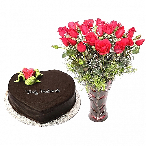 24 Red Roses with 2Lbs Hajj Mubarak Cake PC Hotel