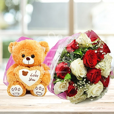 Velvety Roses with Bear Gift