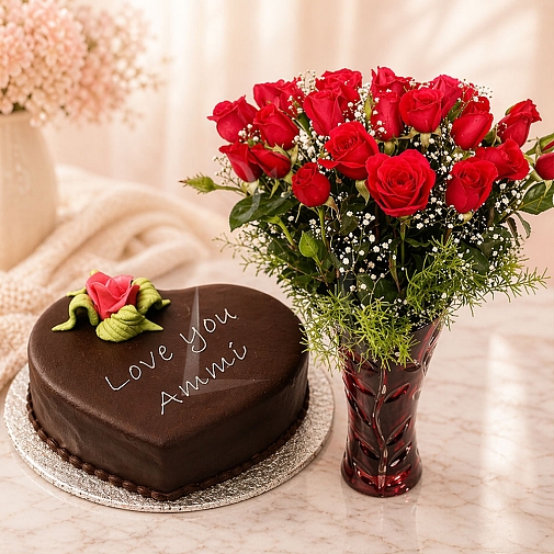 2lbs Heart Shaped Mothers Day Cake with 24 Red Roses