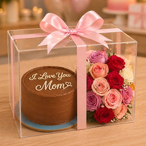 Mom Cake and Flowers in Acrylic Box