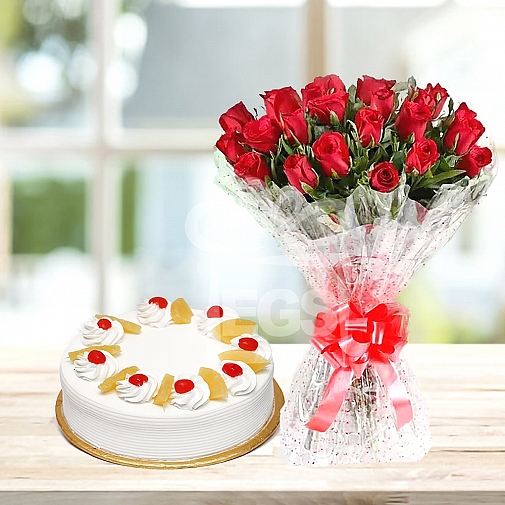 24 Red Roses with 4Lbs Cake - Islamabad Hotel