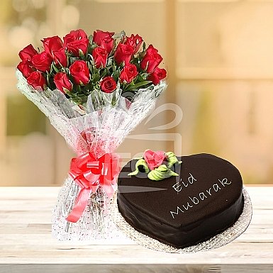 24 Red Roses with Heart Shape Eid Day Cake - PC Hotel