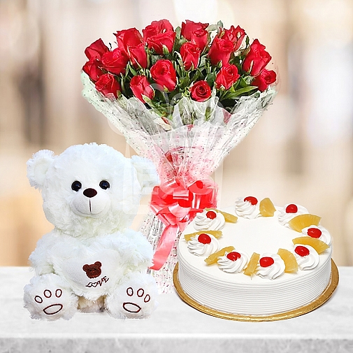 2LB Cake + Red Roses and Teddy Bear
