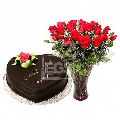 2lbs Heart Shaped Mothers Day Cake with 24 Red Roses