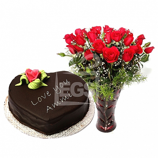 24 Red Roses with 2lbs Heart Shape Mothers Day Cake - Marriott Hotel