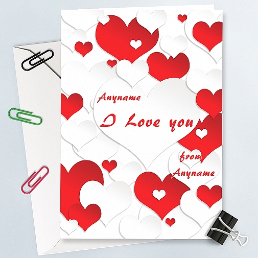 I Love You-Red & White Hearts -Personalised Card