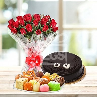 Bunch of Red Roses- 2Lbs Cake and 2KG Mithai