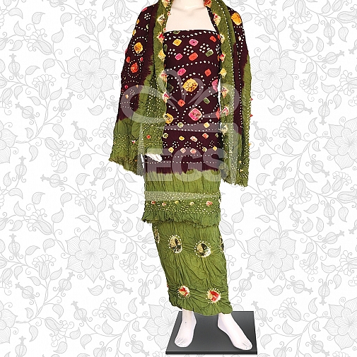 Maroon and Mehndi Linen Chunri Dress-Unstitched