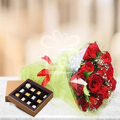 Dozen Red Roses & Chocolates