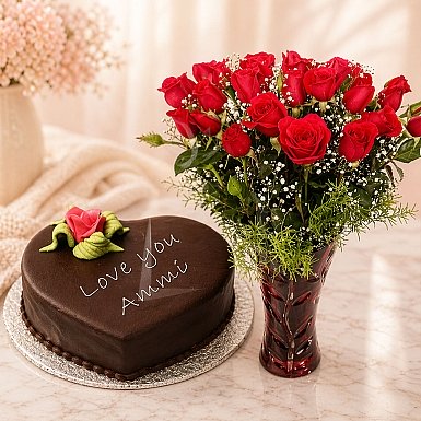 2lbs Heart Shaped Mothers Day Cake with 24 Red Roses
